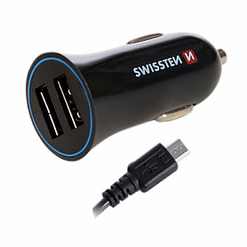 Swissten Premium automobilinis įkroviklis 12 / 24V / 1A+ 2.1A + Micro USB laidas 150 cm juodas