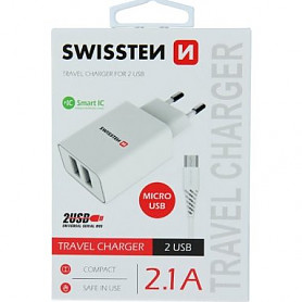 Swissten Smart IC įkroviklis 2x USB 2.1A su Micro USB laidu 1,2 m baltas