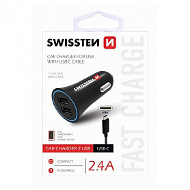 Swissten Premium automobilinis įkroviklis 12 / 24V / 1A+ 2.1A + USB-C laidas 100 cm juodas