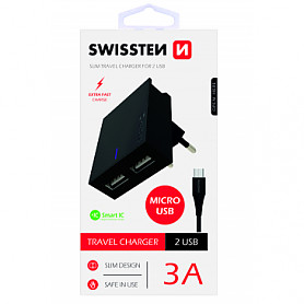 Swissten Premium USB įkroviklis 3A / 15W Su 120 cm mikro USB laidu Juoda